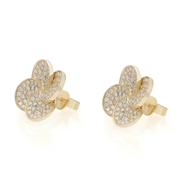 Pave Set Round Cut Diamond Flower Stud Earring 18K Yellow Gold 1.45Cttw - Picture 3 of 4